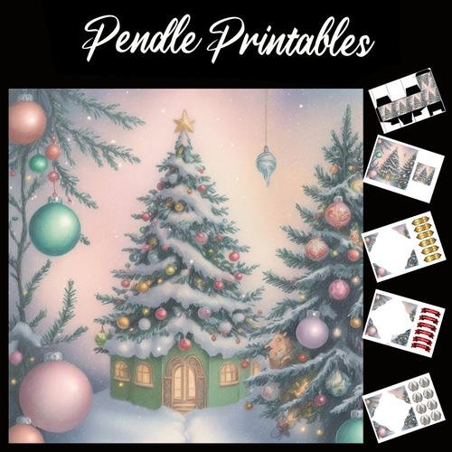 The Christmas Tree House 7x7 Card Kit. Matching Box, Gift Bauble, Tag
