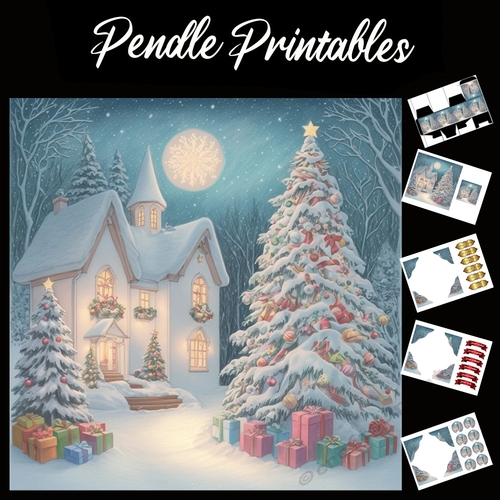 The Snowflake Moon House 7x7 Card Kit. Matching Box, Gift Bauble, Tag