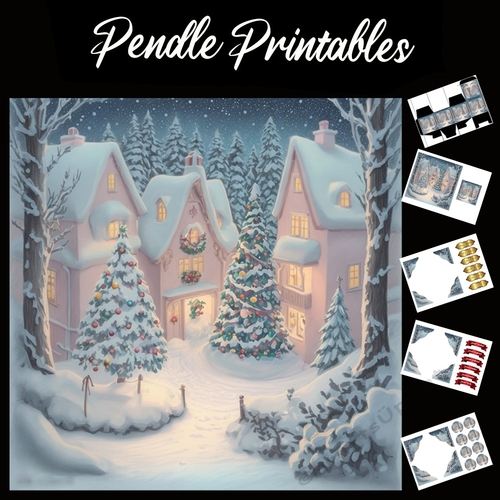Christmas Village Square 7x7 Card Kit. Matching Box, Gift Bauble, Tag