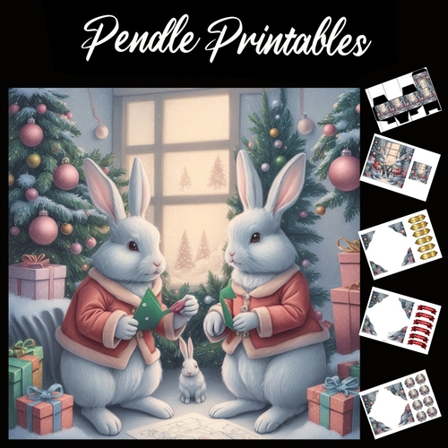 Making Decorations Cute Rabbits 7x7 Card Kit. Matching Box, Gift Bauble, Tag