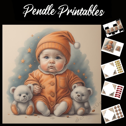 Baby And The Teddies 7x7 Card Kit. Matching Box, Gift Bauble, Tag