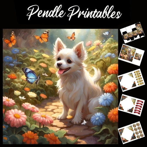 Puppy And The Butterflies 7x7 Card Kit. Matching Box, Gift Bauble, Tag