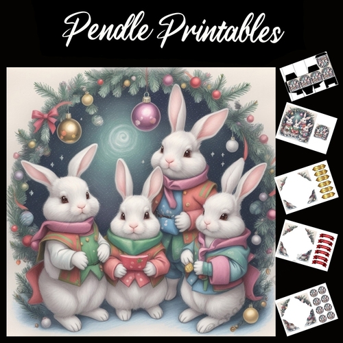 Come Ye Faithful Rabbits 7x7 Card Kit. Matching Box, Gift Bauble, Tag