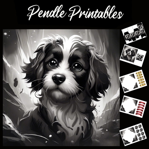 Beautiful Black And White Puppy Portrait 7x7 Card Kit. Matching Box, Gift Bauble, Tag