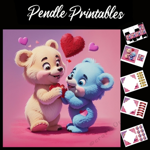 Two Cute Valentines Bears 7x7 Card Kit. Matching Box, Gift Bauble, Tag