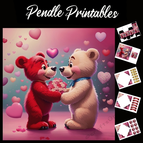 Roses Are Red Cute Teddy Bears 7x7 Card Kit. Matching Box, Gift Bauble, Tag