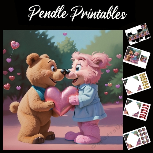 Pink Love Heart Bears 7x7 Card Kit. Matching Box, Gift Bauble, Tag