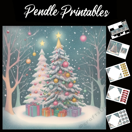 Two Pretty Christmas Trees 7x7 Card Kit. Matching Box, Gift Bauble, Tag