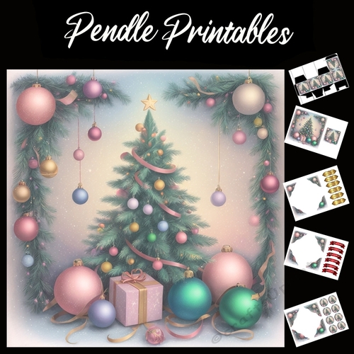 Christmas Tree And Baubles 7x7 Card Kit. Matching Box, Gift Bauble,Tag