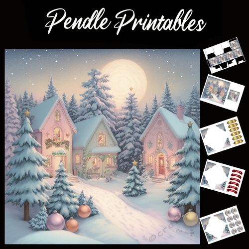 Christmas Fullmoon Houses 7x7 Card Kit. Matching Box, Gift Bauble,Tag