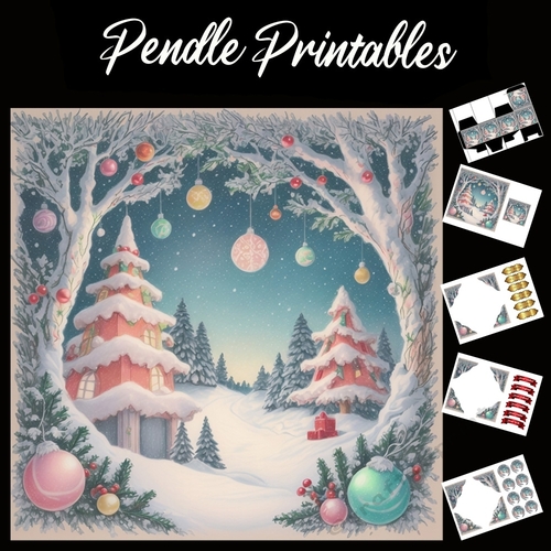 Christmas Tree Houses 7x7 Card Kit. Matching Box, Gift Bauble,Tag