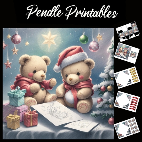 Christmas Teddies Drawing 7x7 Card Kit. Matching Box, Gift Bauble,Tag