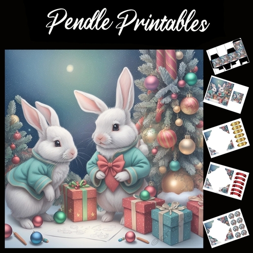 Rabbits Christmas Day 7x7 Card Kit. Matching Box, Gift Bauble,Tag