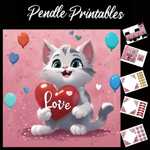Cute Kitten With Love In Heart 7x7 Card Kit. Matching Box, Gift Bauble,Tag