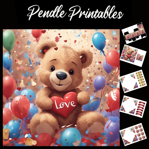 Cute Teddy With Balloons Holding Heart With Love 7x7 Card Kit. Matching Box, Gift Bauble,Tag