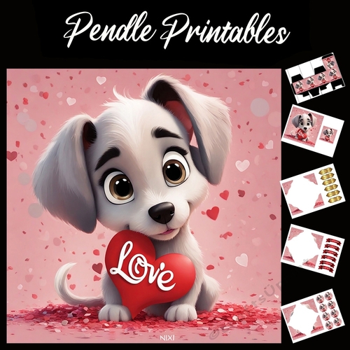 Love Is In My Heart. Puppy Card 7x7 Card Kit. Matching Box, Gift Bauble,Tag
