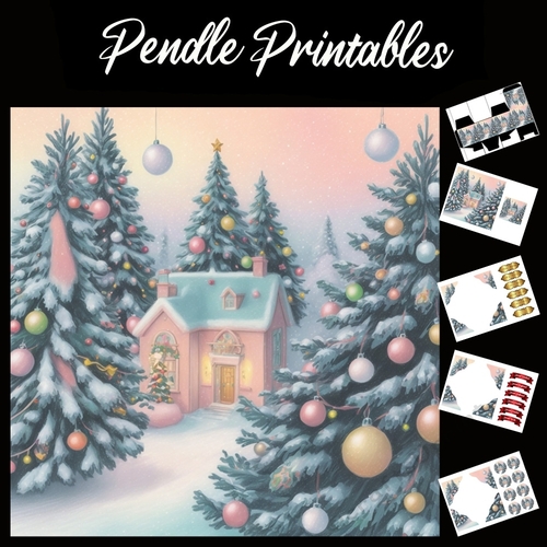 Little Pink House 7x7 Card Kit. Matching Box, Gift Bauble,Tag