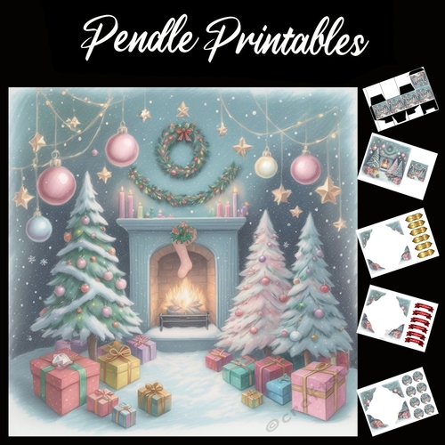 Stocking By The Open Fire 7x7 Card Kit. Matching Box, Gift Bauble,Tag