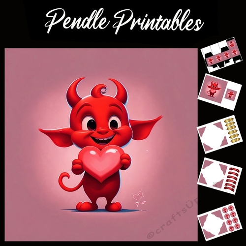 Cute Little Red Devil Holding A Heart 7x7 Card Kit. Matching Box, Gift Bauble,Tag