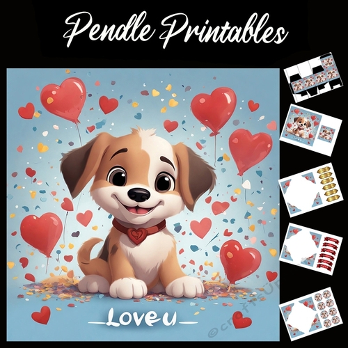 Love U Cute Valentines Puppy 7x7 Card Kit. Matching Box, Gift Bauble,Tag