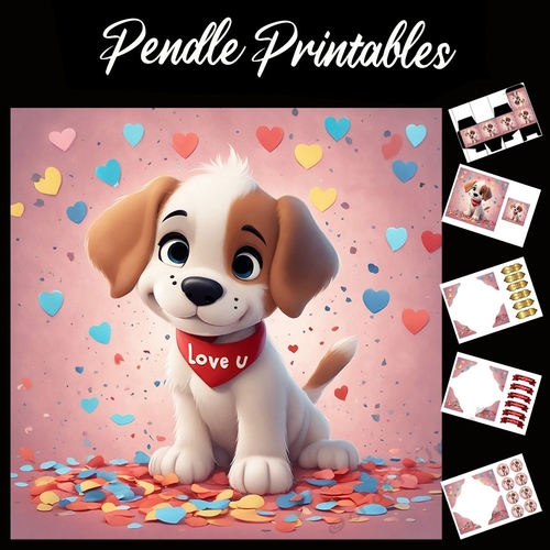 Love U Cute Puppy (2) 7x7 Card Kit. Matching Box, Gift Bauble,Tag
