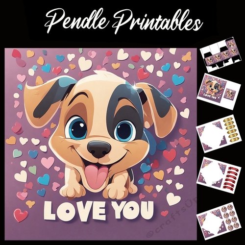 Love You Cute Bounding Puppy 7x7 Card Kit. Matching Box, Gift Bauble,Tag