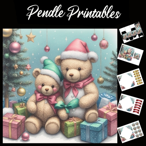 Two Cute Christmas Teddies 7x7 Card Kit. Matching Box, Gift Bauble,Tag