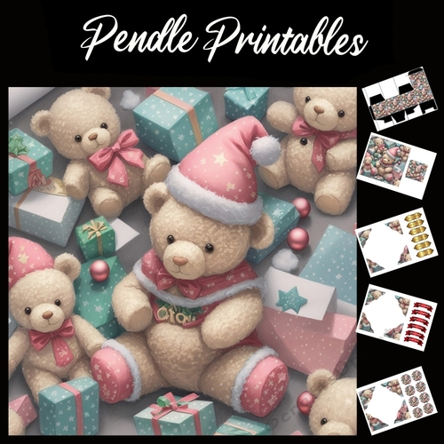 The Pink Teddies 7x7 Card Kit. Matching Box, Gift Bauble,Tag