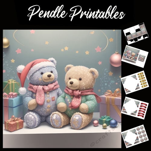 The Two Christmas Teds 7x7 Card Kit. Matching Box, Gift Bauble,Tag