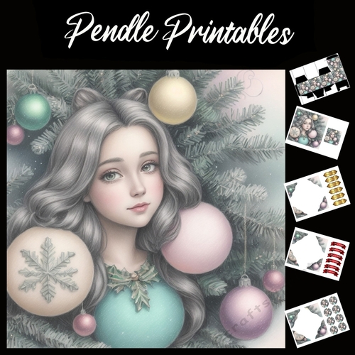 Lovely Girl With Christmas Tree 7x7 Card Kit. Matching Box, Gift Bauble,Tag