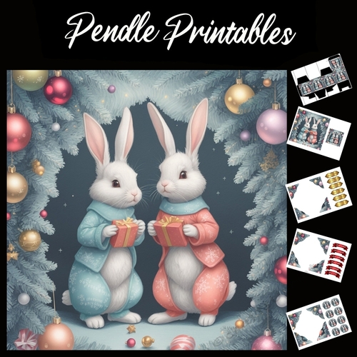 Rabbits Christmas Gift Exchange 7x7 Card Kit. Matching Box, Gift Bauble,Tag