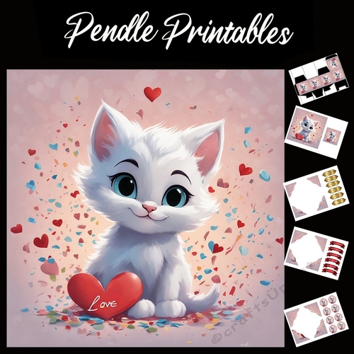 Cute Love In Heart Kitten 7x7 Card Kit. Matching Box, Gift Bauble,Tag
