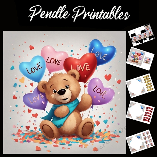 Whole Lot Of Love. Balloons Cute Teddy 7x7 Card Kit. Matching Box, Gift Bauble,Tag