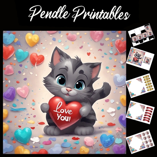 Love You. Love Heart. Cute Grey Kitten 7x7 Card Kit. Matching Box, Gift Bauble,Tag