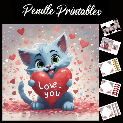 Cute Blue Kitten Holding Love You Heart 7x7 Card Kit. Matching Box, Gift Bauble,Tag
