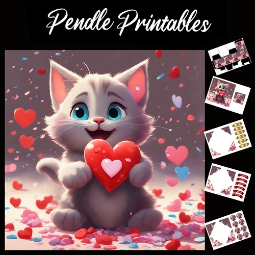 Cute Kitten With Heart Set In Love Heart 7x7 Card Kit. Matching Box, Gift Bauble,Tag