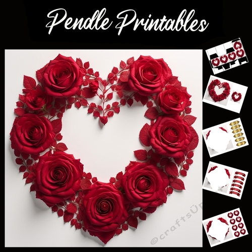 Heart Shaped Wreath Of Red Roses 7x7 Card Kit. Matching Box, Gift Bauble,Tag