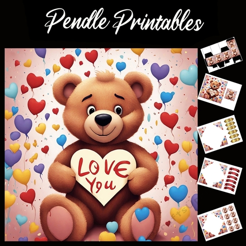 Cute Teddy Holding Love You Heart 7x7 Card Kit. Matching Box, Gift Bauble,Tag