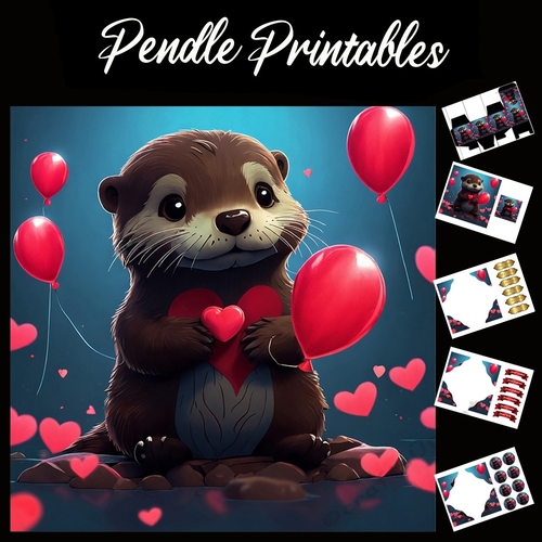 Cute Otter Love Hearts And Balloons 7x7 Card Kit. Matching Box, Gift Bauble,Tag