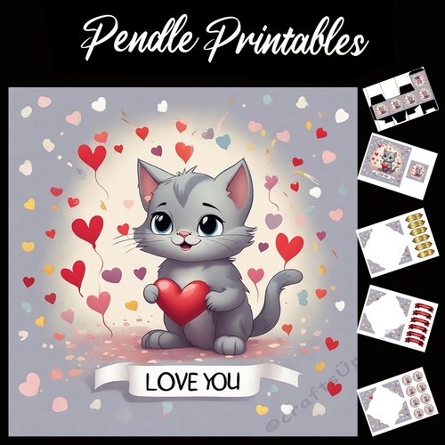 Cute Grey Kitten With Heart and Love You Banner 7x7 Card Kit. Matching Box, Gift Bauble,Tag