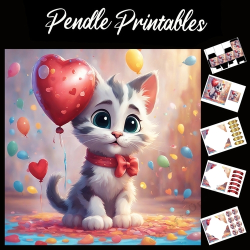 Please Be Mine Cute Kitten With Heart Balloon 7x7 Card Kit. Matching Box, Gift Bauble,Tag