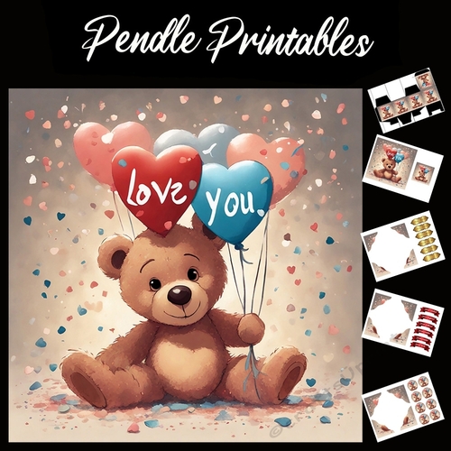 Cute Teddy Holding Love You Balloons 7x7 Card Kit. Matching Box, Gift Bauble,Tag