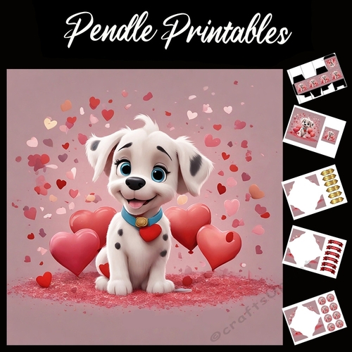 Cute Dalmation Puppy With Love Hearts 7x7 Card Kit. Matching Box, Gift Bauble,Tag