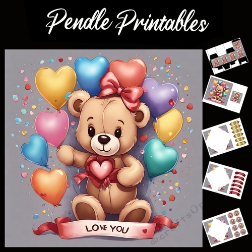 Cute Teddy Bear Pink Bow With Love You Banner 7x7 Card Kit. Matching Box, Gift Bauble,Tag