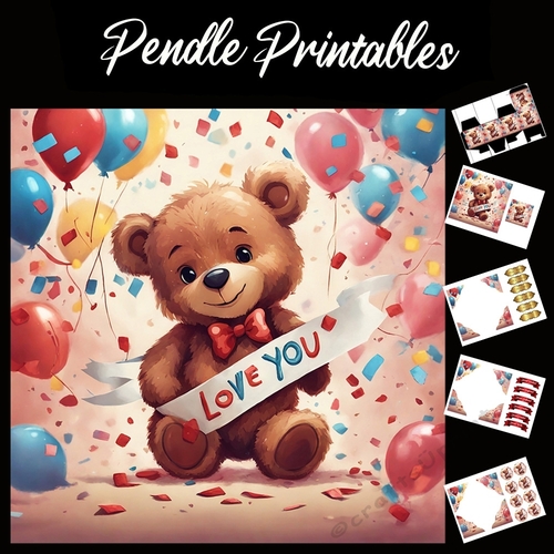 Cute Teddy Bear With Love You Banner 7x7 Card Kit. Matching Box, Gift Bauble,Tag