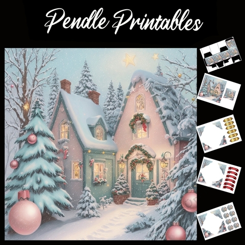 Cute Cottages Christmas Snow Scene 7x7 Card Kit. Matching Box, Gift Bauble,Tag