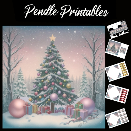 Christmas Pine Tree 7x7 Card Kit. Matching Box, Gift Bauble,Tag