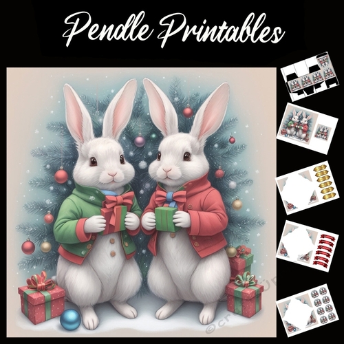 The Dapper Christmas Rabbits 7x7 Card Kit. Matching Box, Gift Bauble,Tag