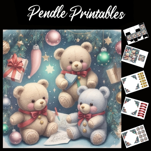 Three Cute Christmas Teddies 7x7 Card Kit. Matching Box, Gift Bauble,Tag