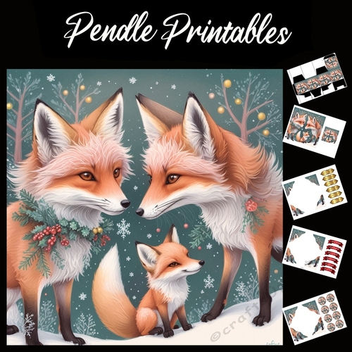 Christmas Fox Family 7x7 Card Kit. Matching Box, Gift Bauble,Tag